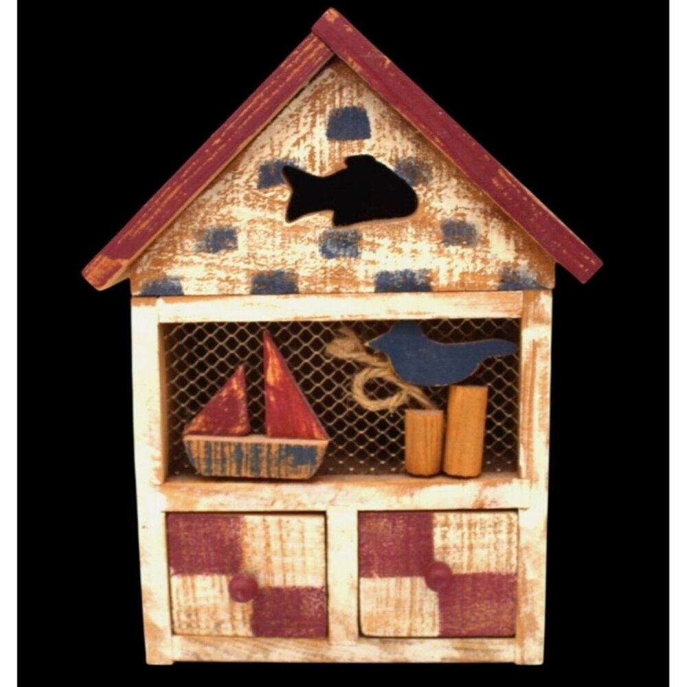 Recipe Box Wooden House Shabby Chic Beach Drawers Open Hinged Vintage 9.75 Inch